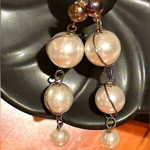 Artisan Pearl Drop Earrings Handcrafted Pierced 3 Pearl Drop Dangling Earrings